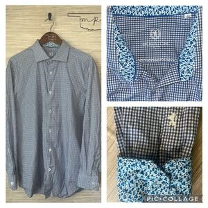 Bugatchi Uomo Mens Blue Gingham Floral Contrast Button Down Shirt 17 34/35